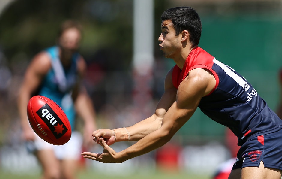AFL 2016 NAB Challenge - Port Adelaide v Melbourne ADELAIDE, AUSTRALIA - FEBRUARY 27: Billy Stretch of the Demons during the 2016 NAB Challenge match between Port Adelaide Power and the Melbourne Demons at Playford Alive Oval, Adelaide on February 27, 2016. (Photo by AFL Media)